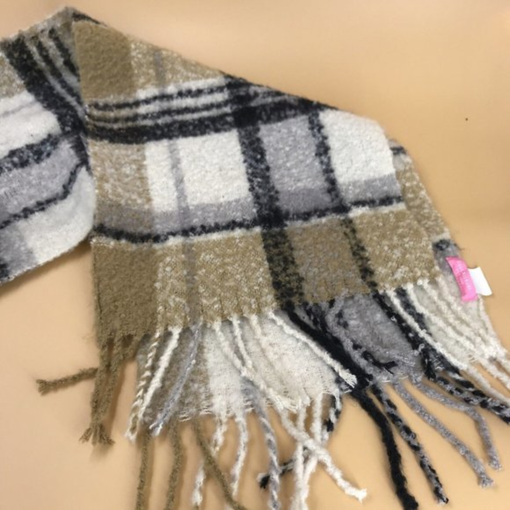 Isaac Mizrahi Women Plaid Blanket Scarf 70"x12" Black White Tan